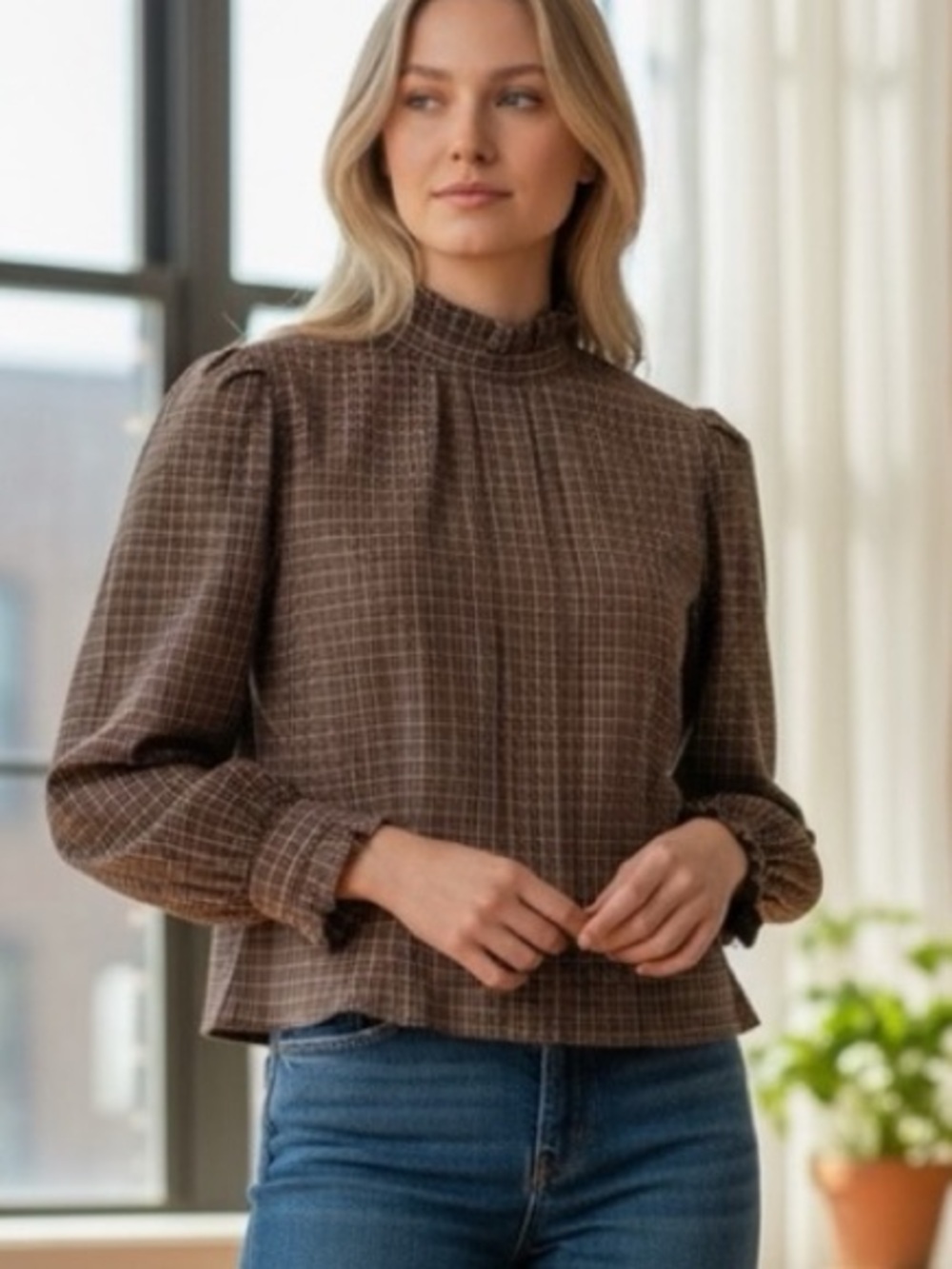 Vintage Brown Plaid Ruffle Neck Button Back Pleated Cuff Top Small by Cherry St